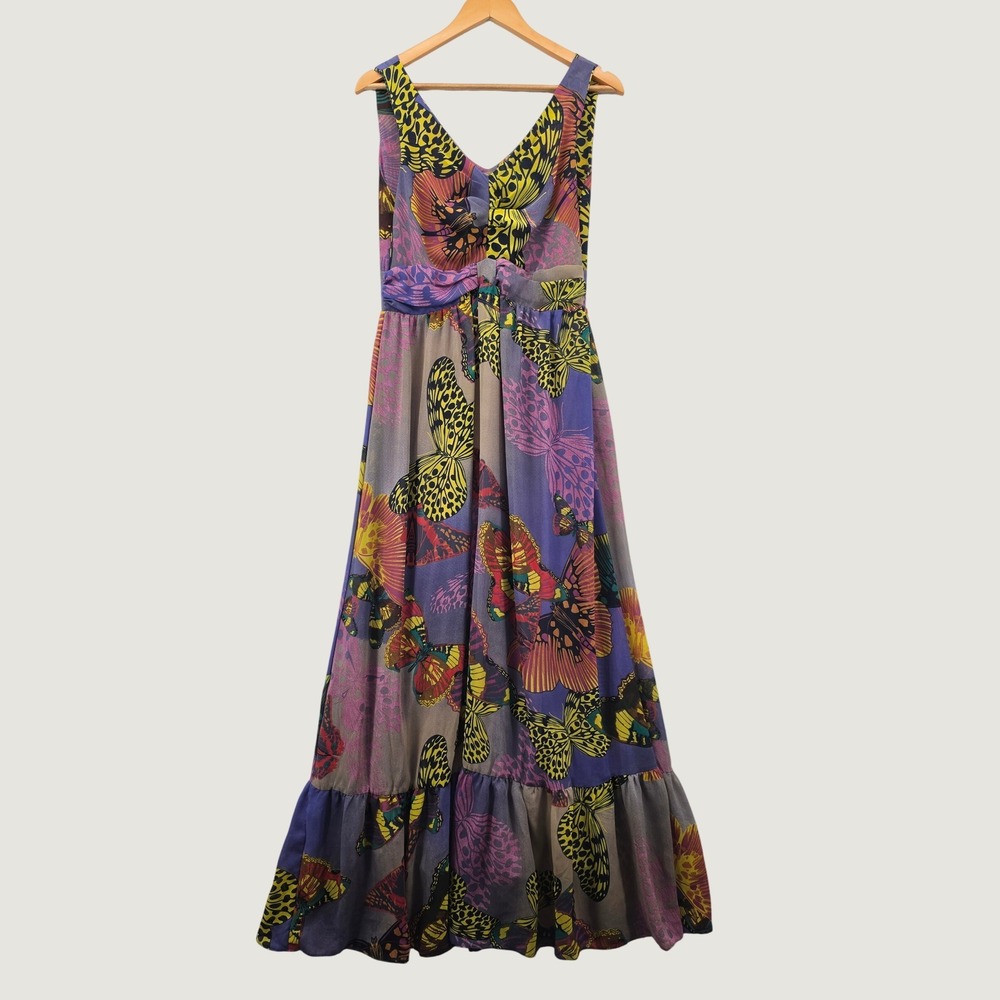 Malagueta Butterfly Print Maxi Dress Purple Sleeveless Tiered Boho V-Neck Sz 42